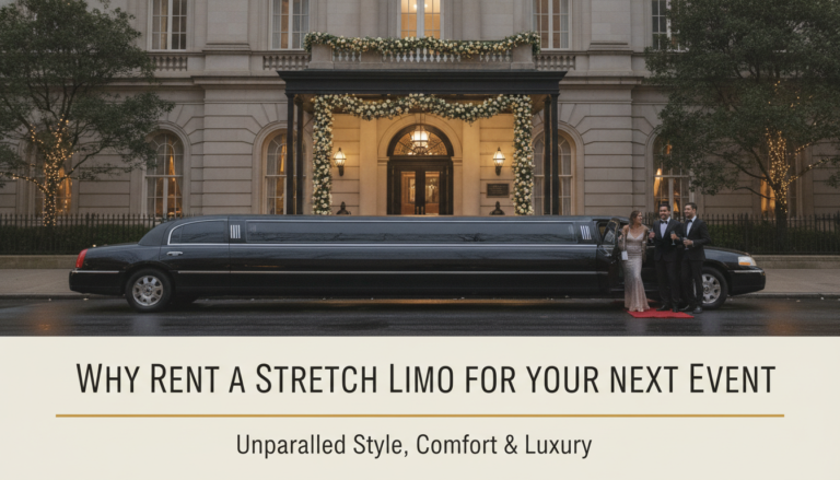 Stretch limousine outside elegant event venue with formally dressed guests