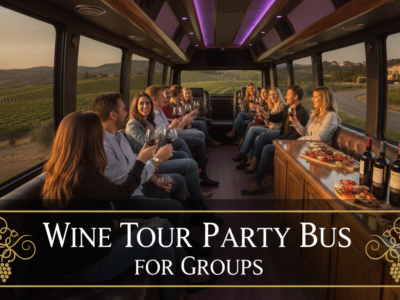 Group enjoying wine tasting aboard vineyard tour party bus