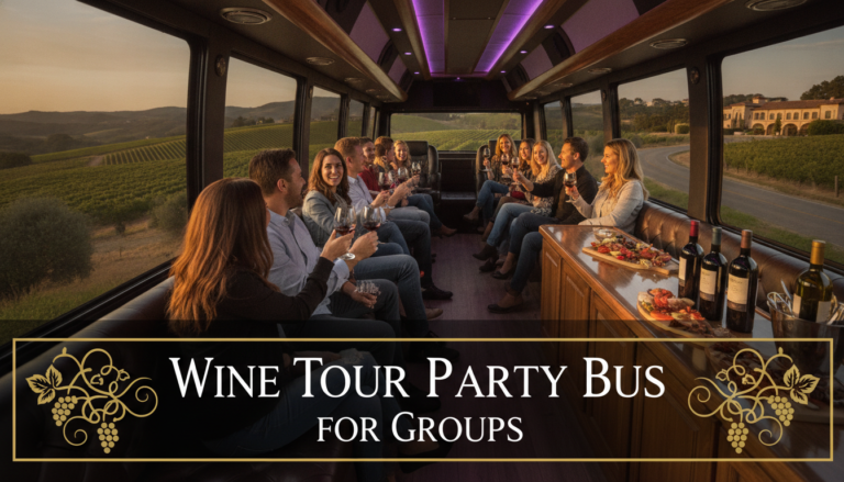 Group enjoying wine tasting aboard vineyard tour party bus