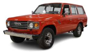 Red vintage Toyota Land Cruiser SUV, front three-quarter view