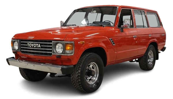 Red vintage Toyota Land Cruiser SUV, front three-quarter view