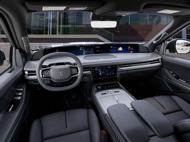 Modern Lincoln vehicle interior with digital dashboard and black leather seats