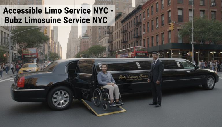 Wheelchair user exits accessible limousine on New York City street.