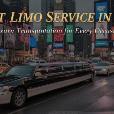 Stretch limousine in Times Square promoting NYC luxury transportation