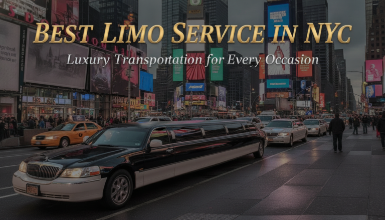 Stretch limousine in Times Square promoting NYC luxury transportation