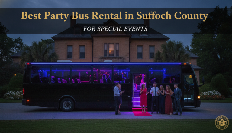 Luxury party bus with guests outside Suffolk County mansion
