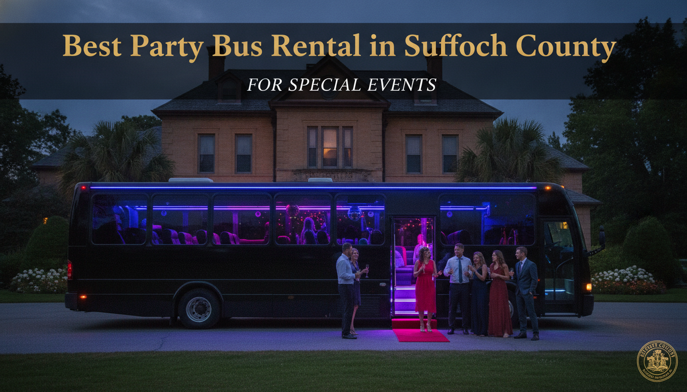 Luxury party bus with guests outside Suffolk County mansion
