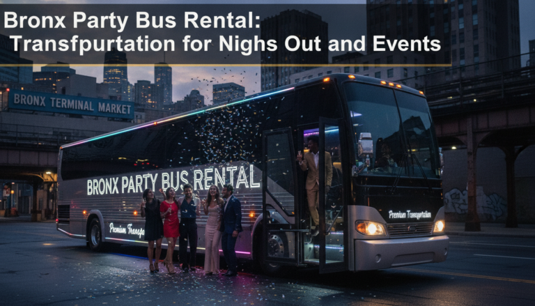 Party bus rental with guests outside Bronx Terminal Market