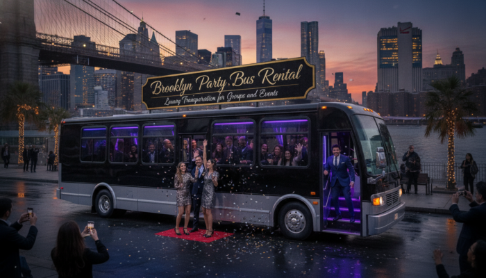 Party bus rental at Brooklyn Bridge sunset with celebrating guests
