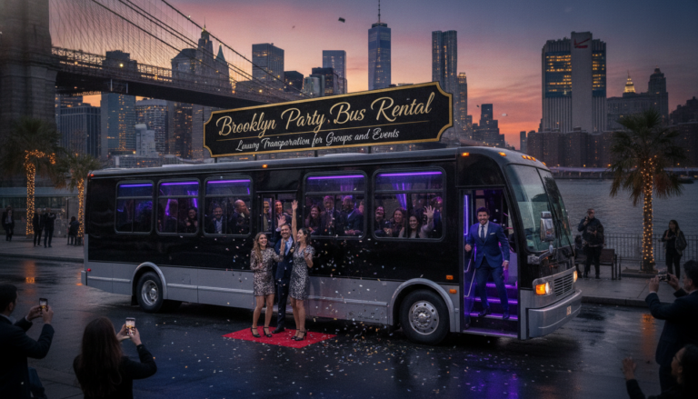 Party bus rental at Brooklyn Bridge sunset with celebrating guests