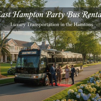 Luxury party bus outside East Hampton estate with guests