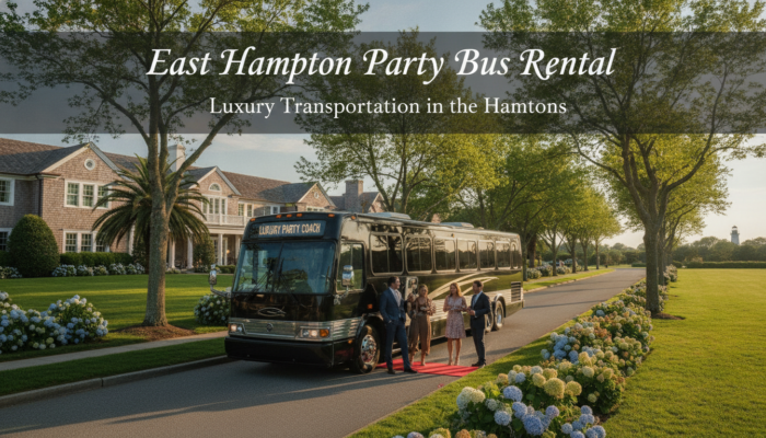 Luxury party bus outside East Hampton estate with guests