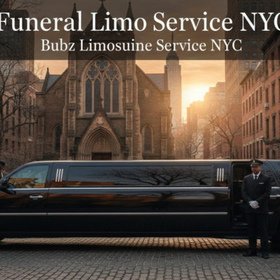 Black funeral limousine outside a Manhattan church at sunset
