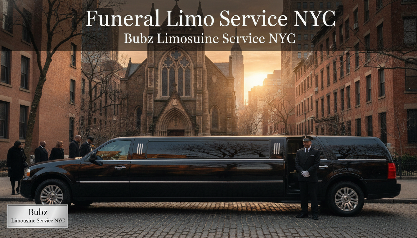 Black funeral limousine outside a Manhattan church at sunset