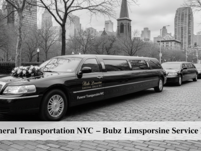 Black funeral limousine with flowers in New York City