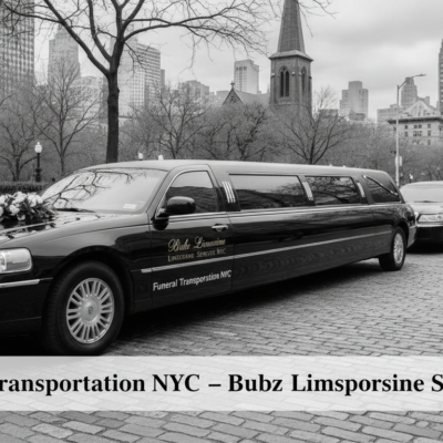 Black funeral limousine with flowers in New York City