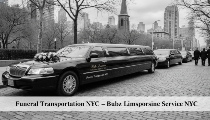 Black funeral limousine with flowers in New York City