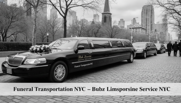 Black funeral limousine with flowers in New York City