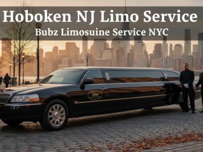 Black limousine with chauffeurs overlooking Manhattan skyline
