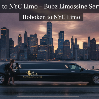 Black limousine by Manhattan skyline at sunset, Hoboken to NYC service