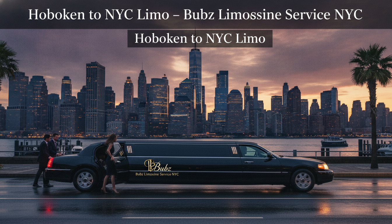 Black limousine by Manhattan skyline at sunset, Hoboken to NYC service