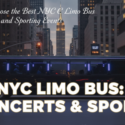NYC limo bus near Madison Square Garden at dusk