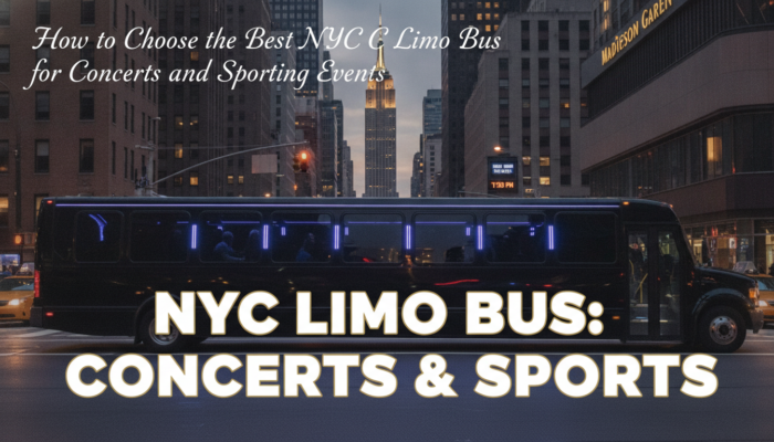 NYC limo bus near Madison Square Garden at dusk
