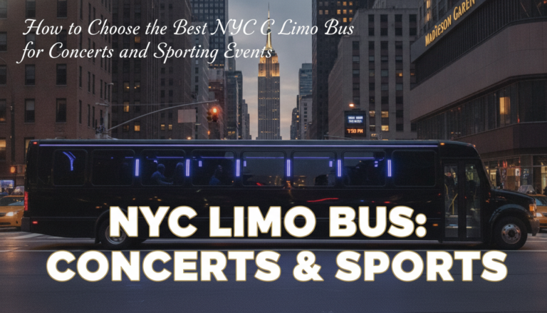 NYC limo bus near Madison Square Garden at dusk
