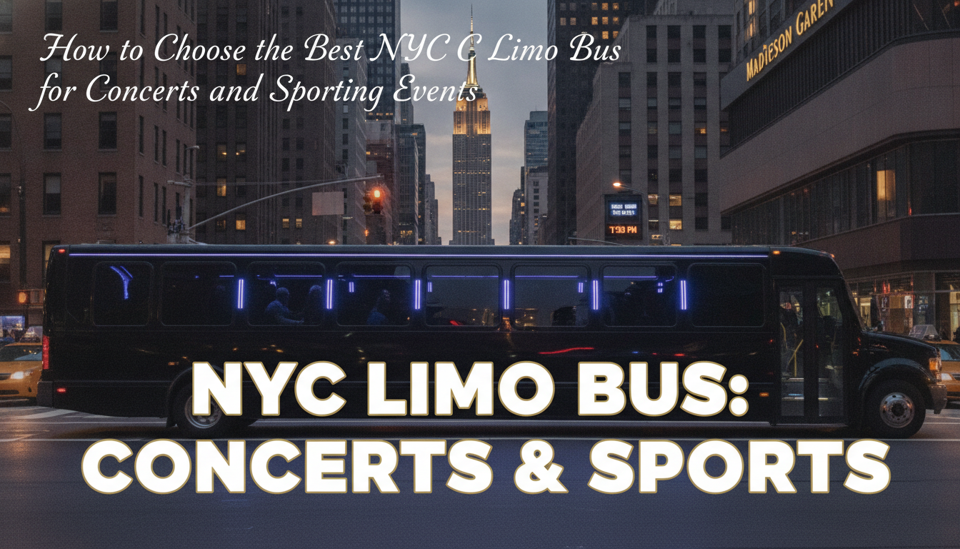 NYC limo bus near Madison Square Garden at dusk