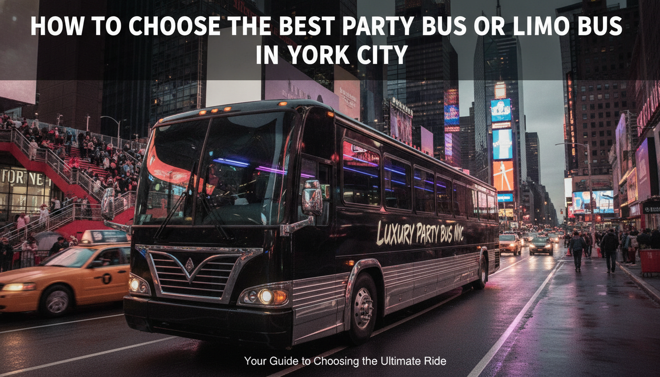 Luxury party bus driving through Times Square, New York City