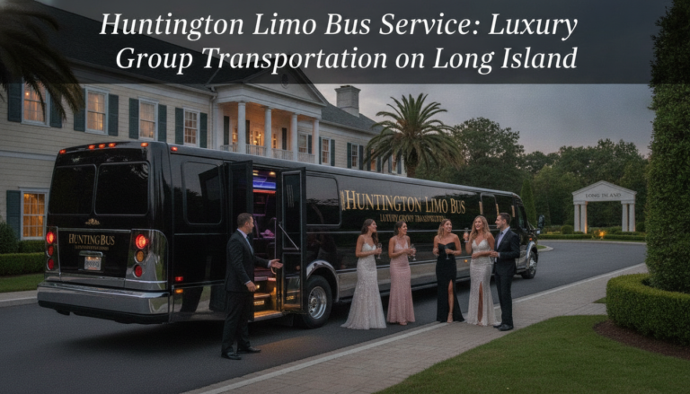 Luxury Huntington limo bus with elegantly dressed group outside mansion