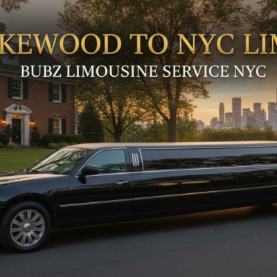 Black limousine and chauffeur advertising Lakewood to NYC service