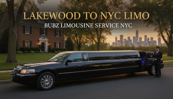 Black limousine and chauffeur advertising Lakewood to NYC service
