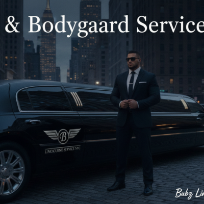 Bodyguard standing beside black limousine on a New York street