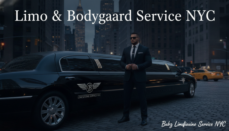 Bodyguard standing beside black limousine on a New York street