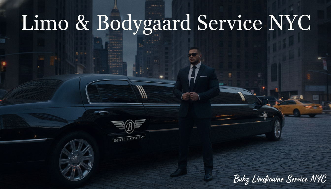 Bodyguard standing beside black limousine on a New York street