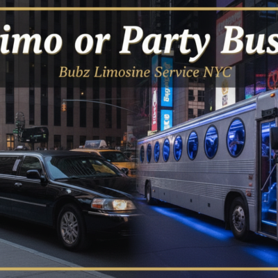 NYC limousine and illuminated party bus advertisement