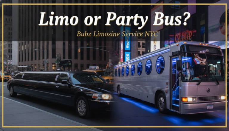 NYC limousine and illuminated party bus advertisement