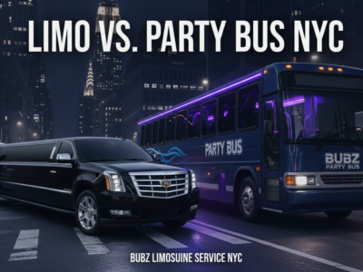 Black limousine beside purple-lit party bus in nighttime NYC