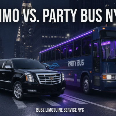 Black limousine beside purple-lit party bus in nighttime NYC