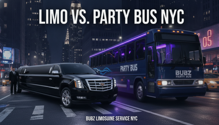 Black limousine beside purple-lit party bus in nighttime NYC