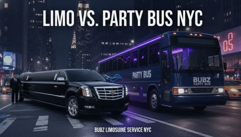 Black limousine beside purple-lit party bus in nighttime NYC