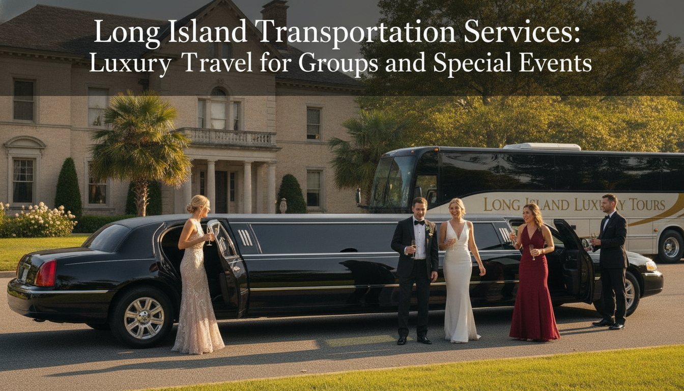 Wedding party beside limousine and luxury tour bus