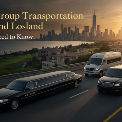 Luxury limousines and SUVs driving toward Manhattan skyline at sunset