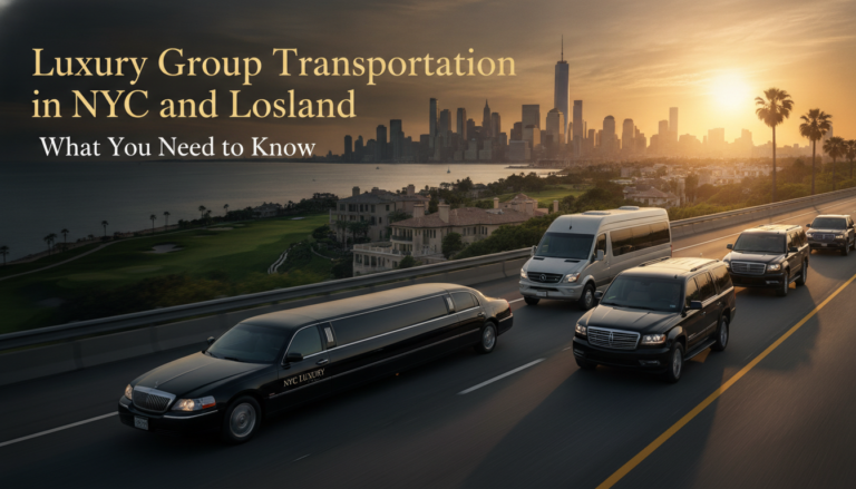 Luxury limousines and SUVs driving toward Manhattan skyline at sunset