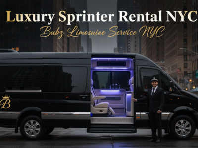 Luxury black Sprinter limousine with chauffeur on a New York street