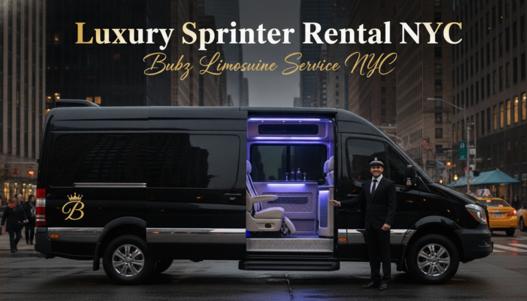 Luxury black Sprinter limousine with chauffeur on a New York street