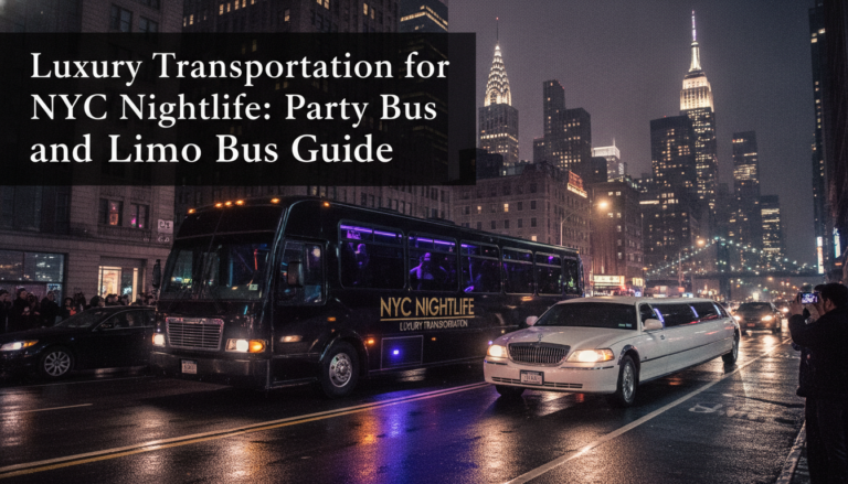 Party bus and limousine in rainy New York City at night