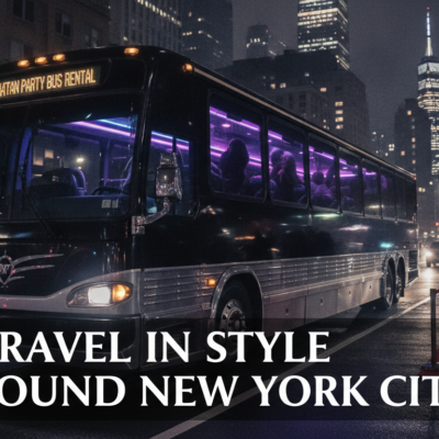 Luxury party bus on a New York City street at night