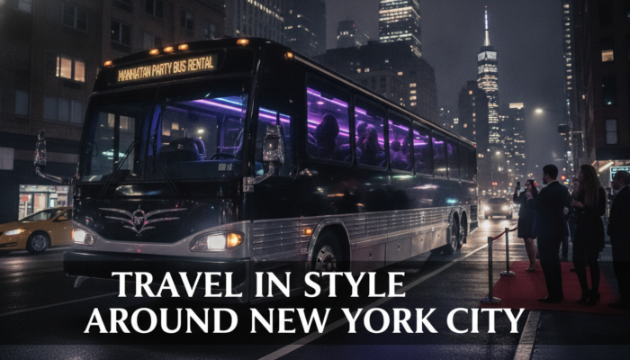 Luxury party bus on a New York City street at night